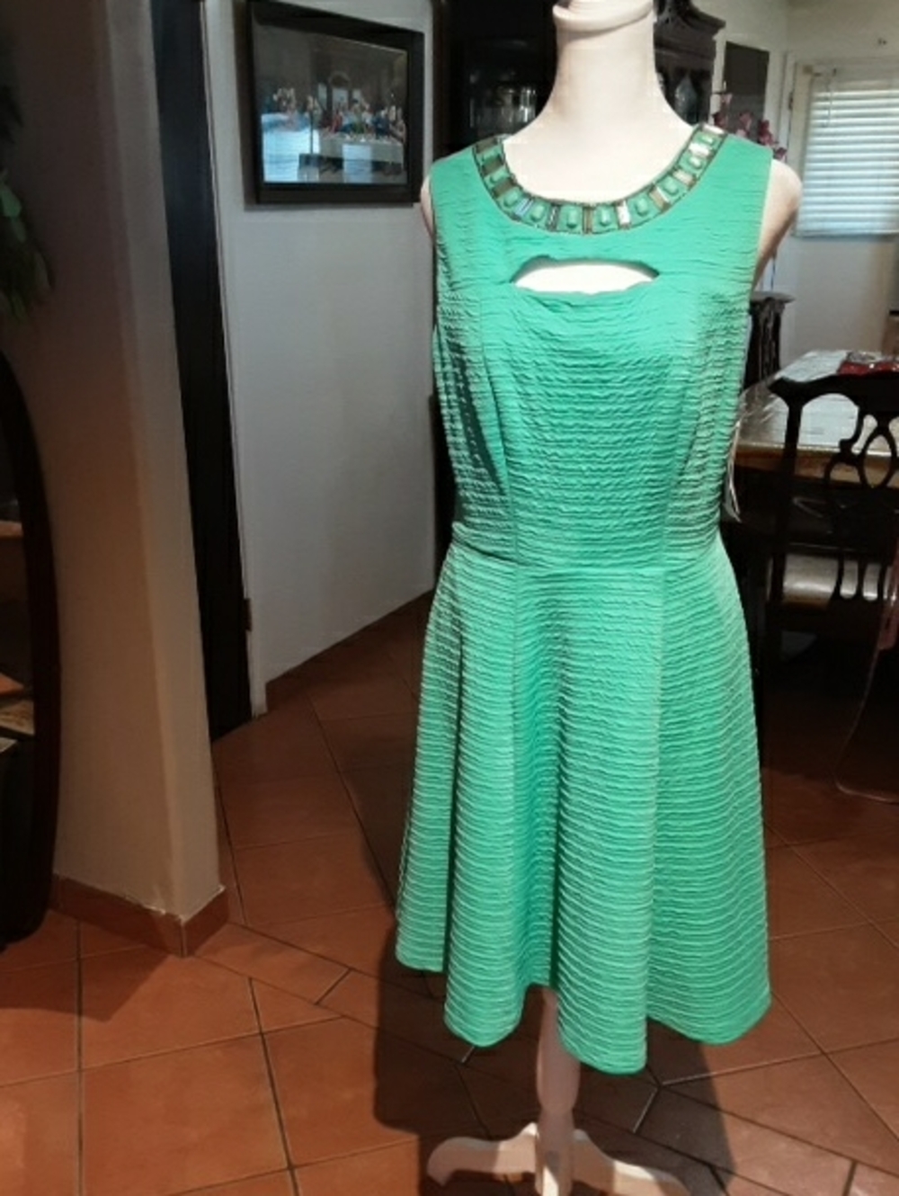 Studio One Mint Green Textured Fit-and-Flare Dress with Embellished Neckline